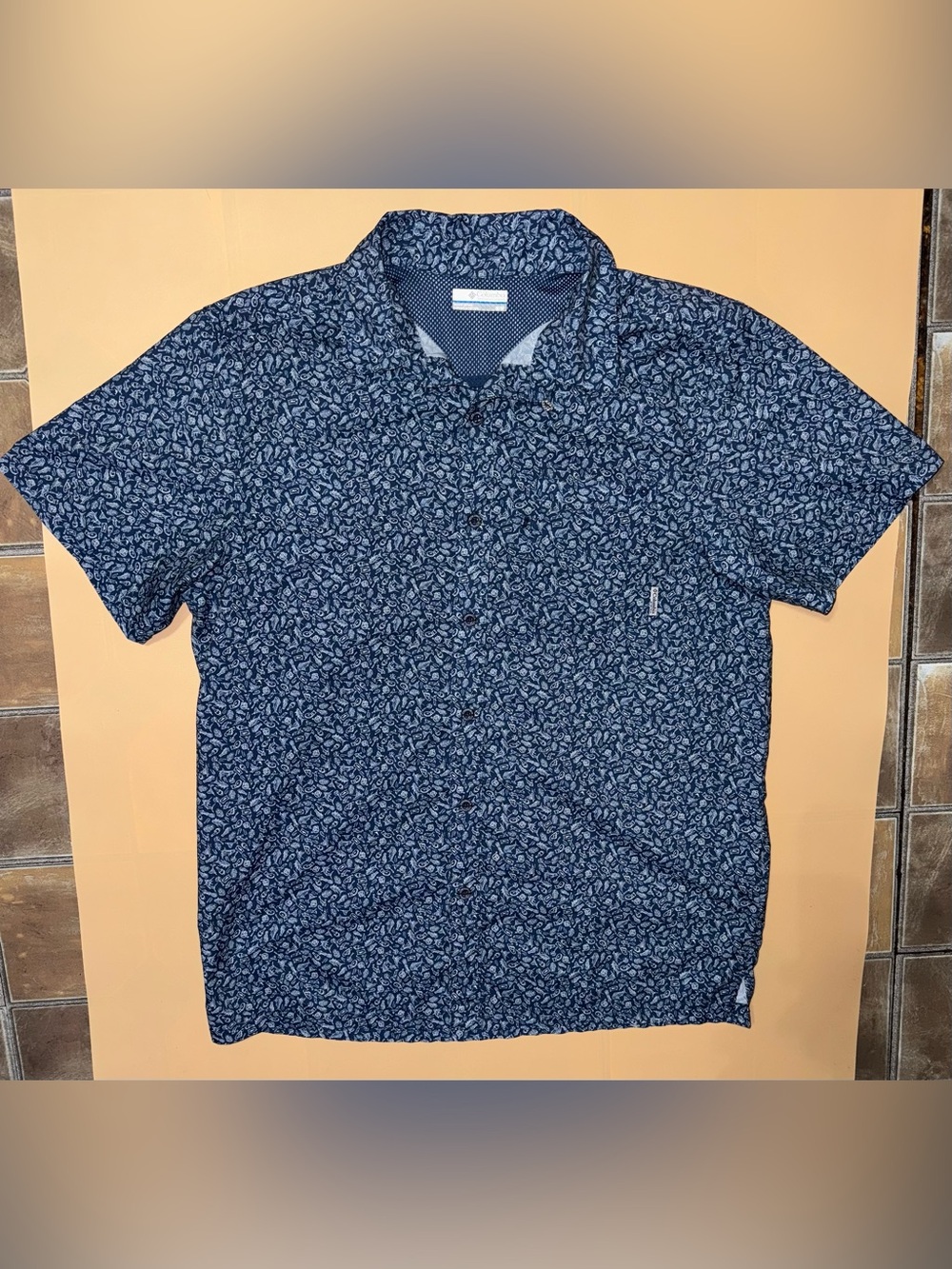 Columbia PFG Fishing Shirt Blue Pattern Button Up Short Sleeve Outdoor Size Med